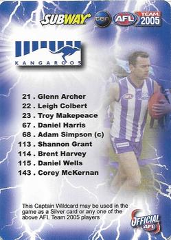2005 Team Zone AFL Team - Subway Captain Wildcards #C-09 Adam Simpson Back